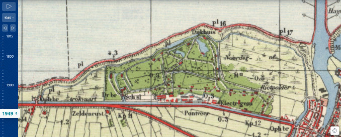 Topografische kaart uit 1949 van het Westbatterijpark en omgeving
